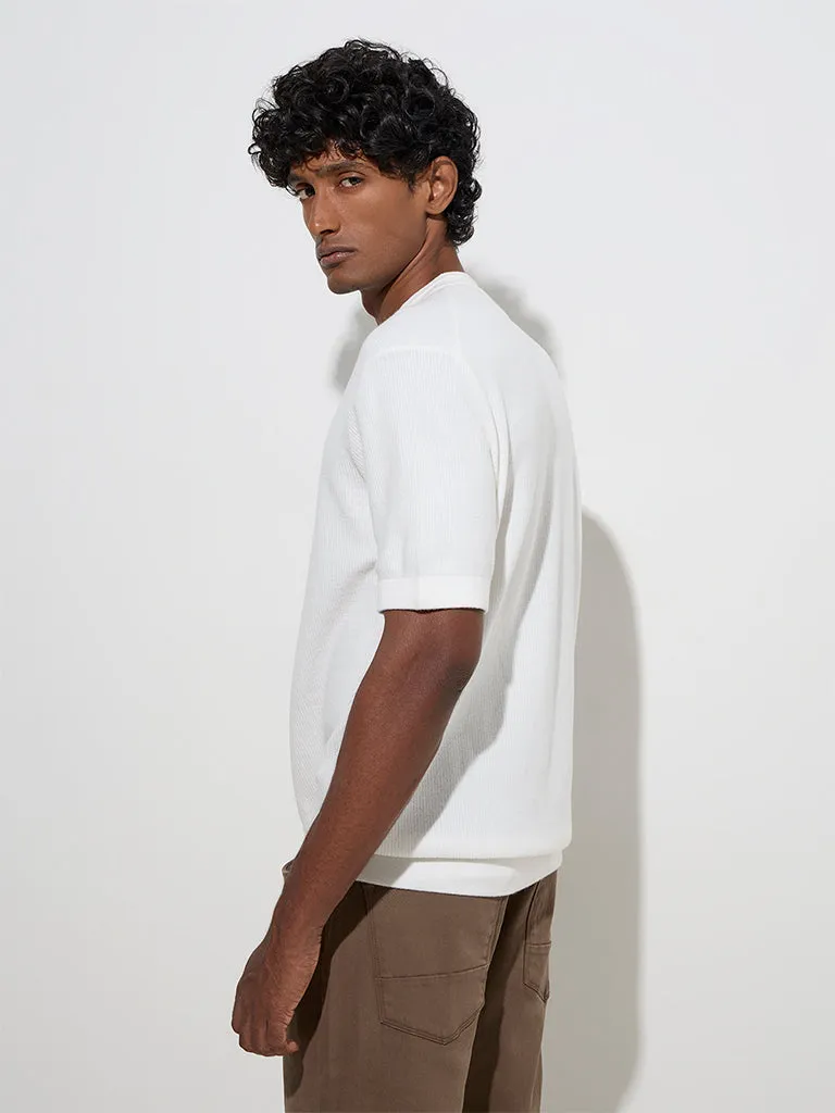 Ascot White Knit-Textured Relaxed-Fit Cotton Blend T-Shirt