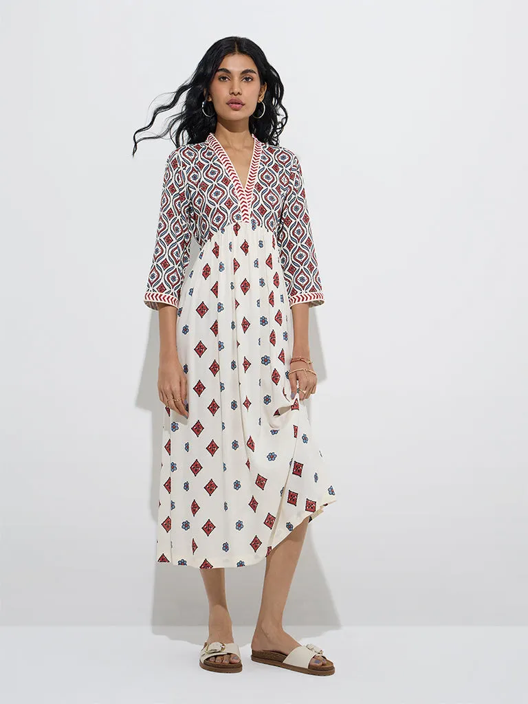 Bombay Paisley Off-White Floral Design A-Line Dress