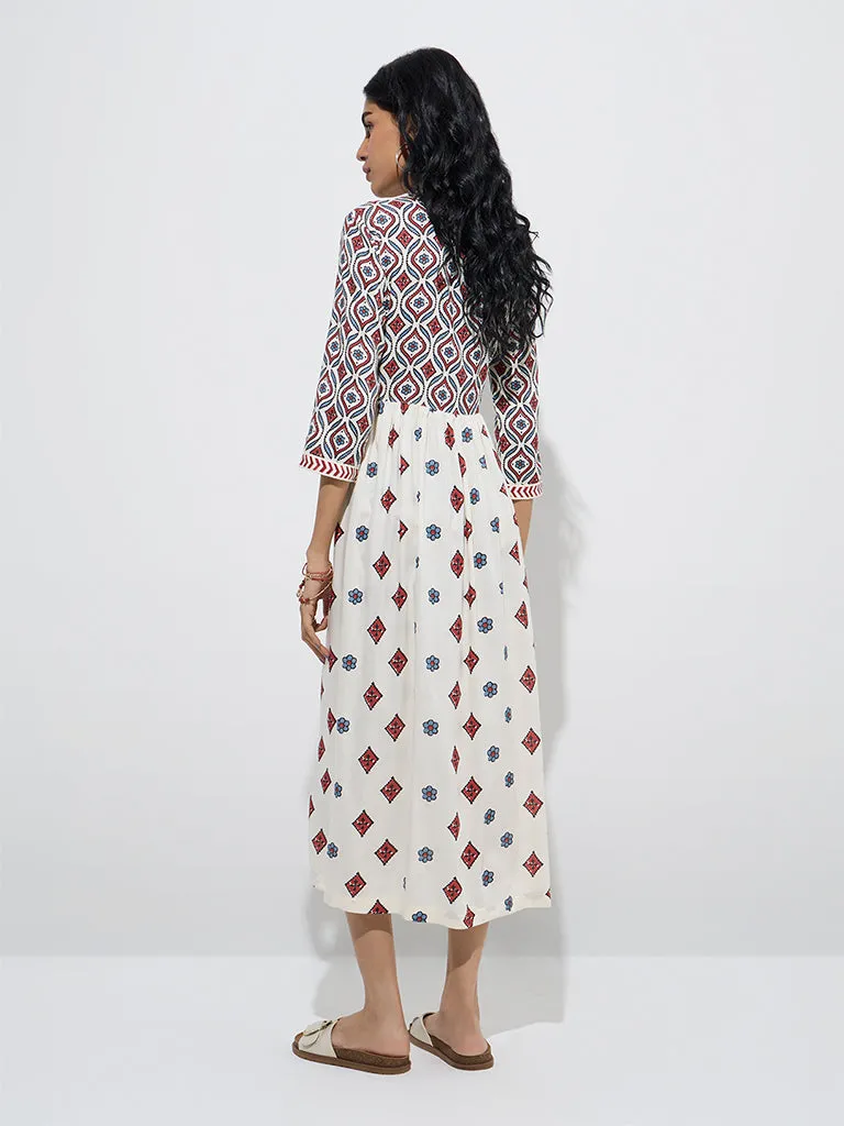Bombay Paisley Off-White Floral Design A-Line Dress