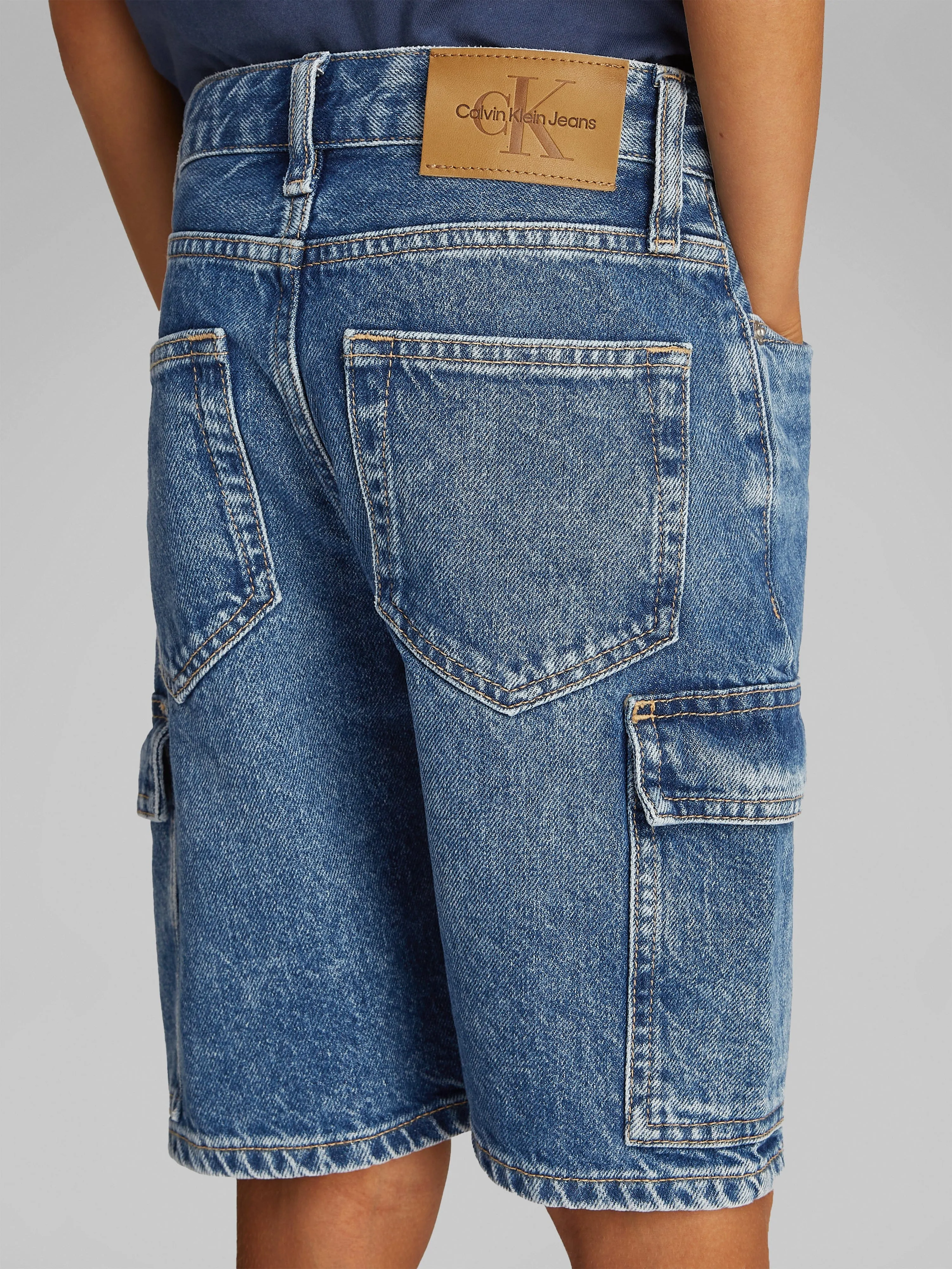 Boys Relaxed Denim Cargo Shorts in Blue