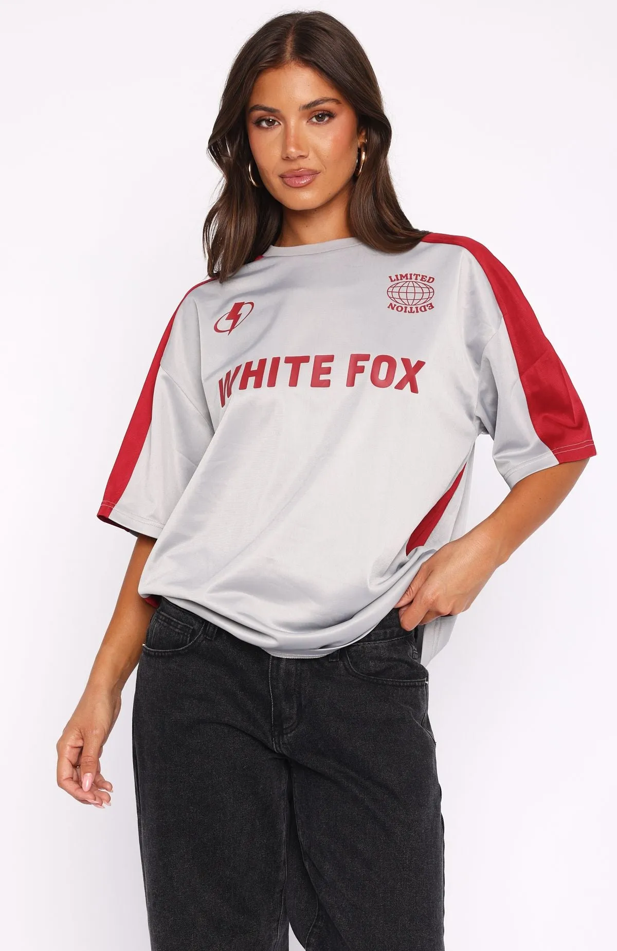 Checking Up On You Oversized Jersey Light Grey/Burgundy