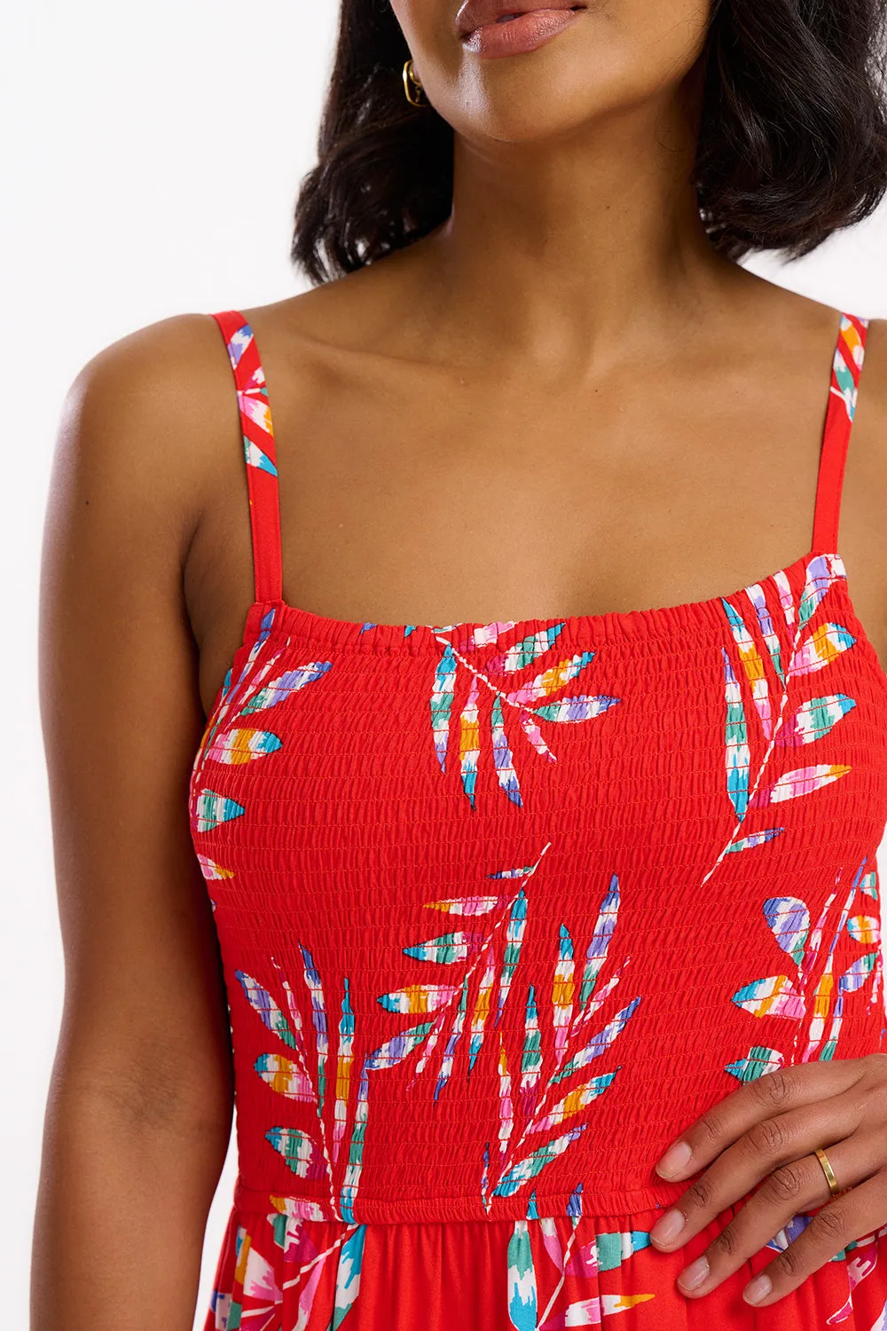 Christabel Shirred Midi Dress - Red. Rainbow Fronds