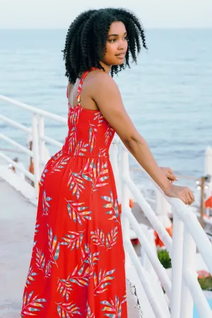 Christabel Shirred Midi Dress - Red. Rainbow Fronds