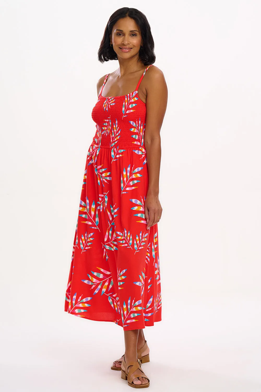 Christabel Shirred Midi Dress - Red. Rainbow Fronds