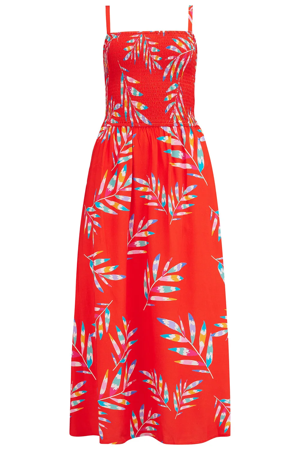 Christabel Shirred Midi Dress - Red. Rainbow Fronds