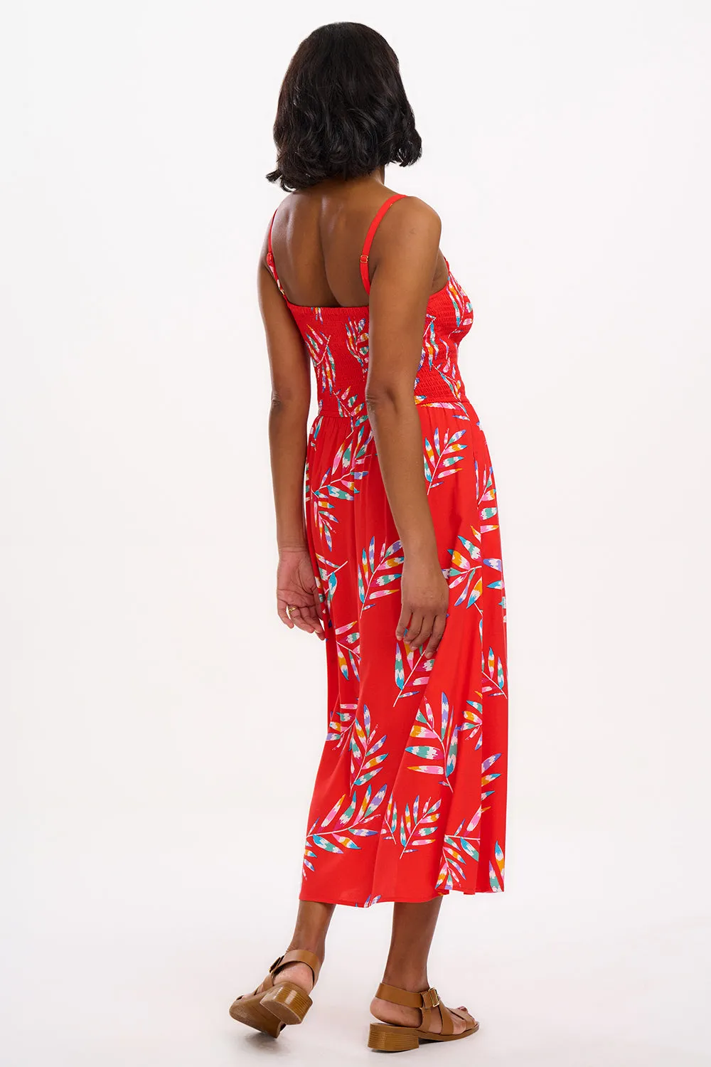 Christabel Shirred Midi Dress - Red. Rainbow Fronds