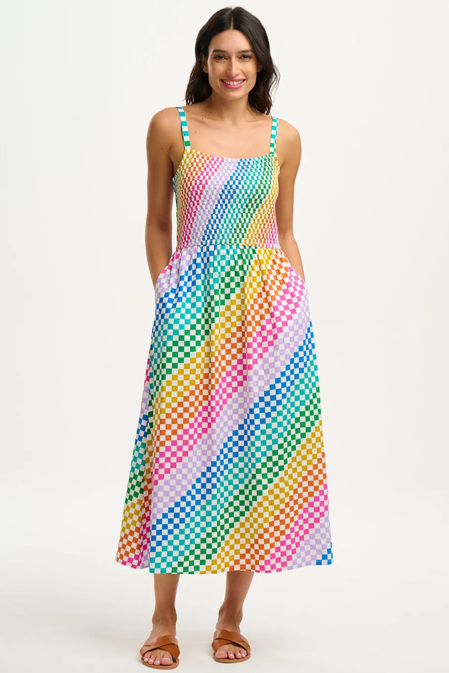 Christabel Sundress - Multi. Rainbow Checkerboard