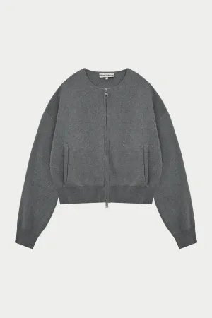 COLLARLESS KNITTED ZIP THROUGH BOMBER - GREY MARL
