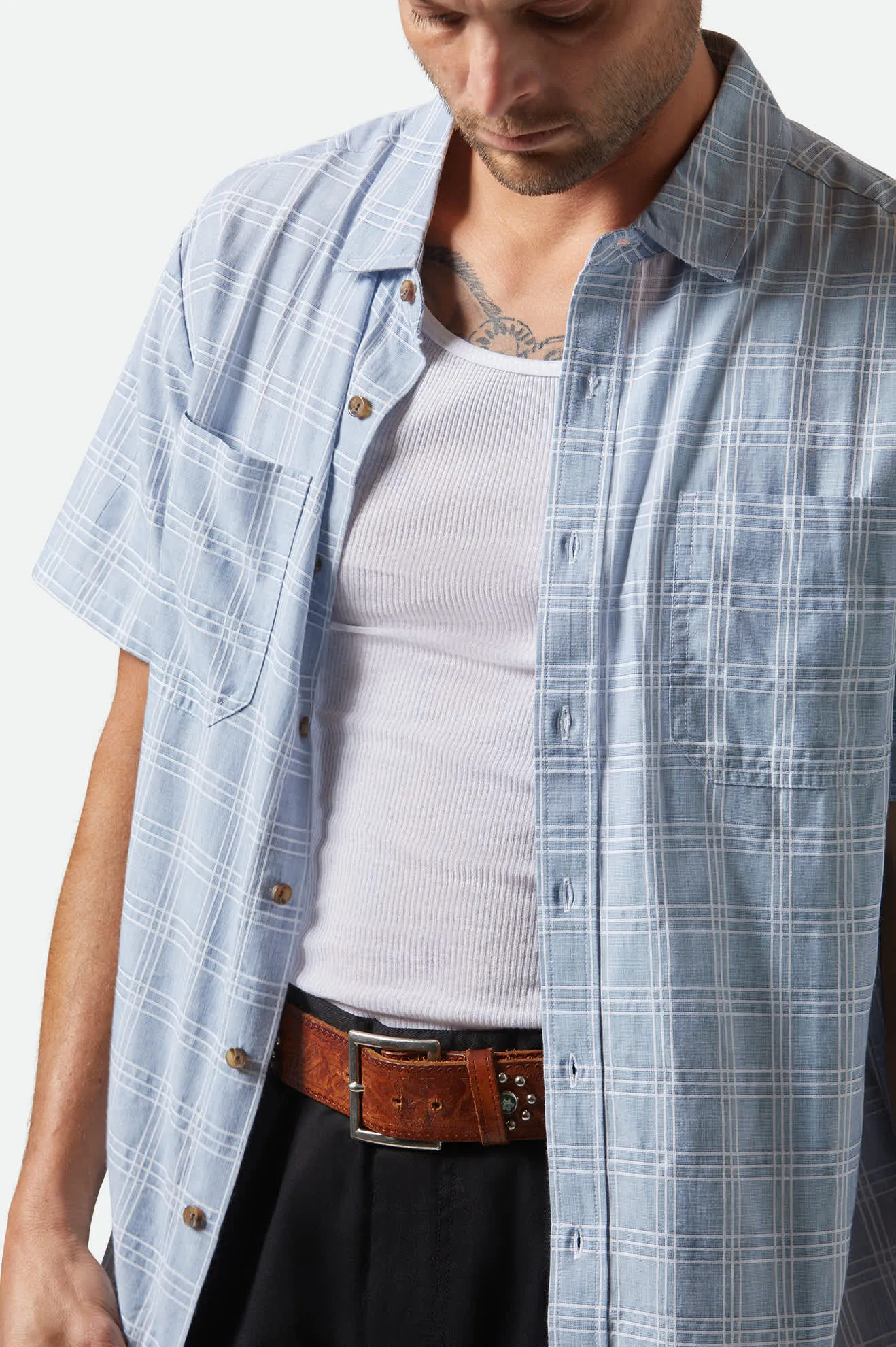 CRU Oxford Plaid Relaxed S/S Shirt - Light Blue/White Plaid