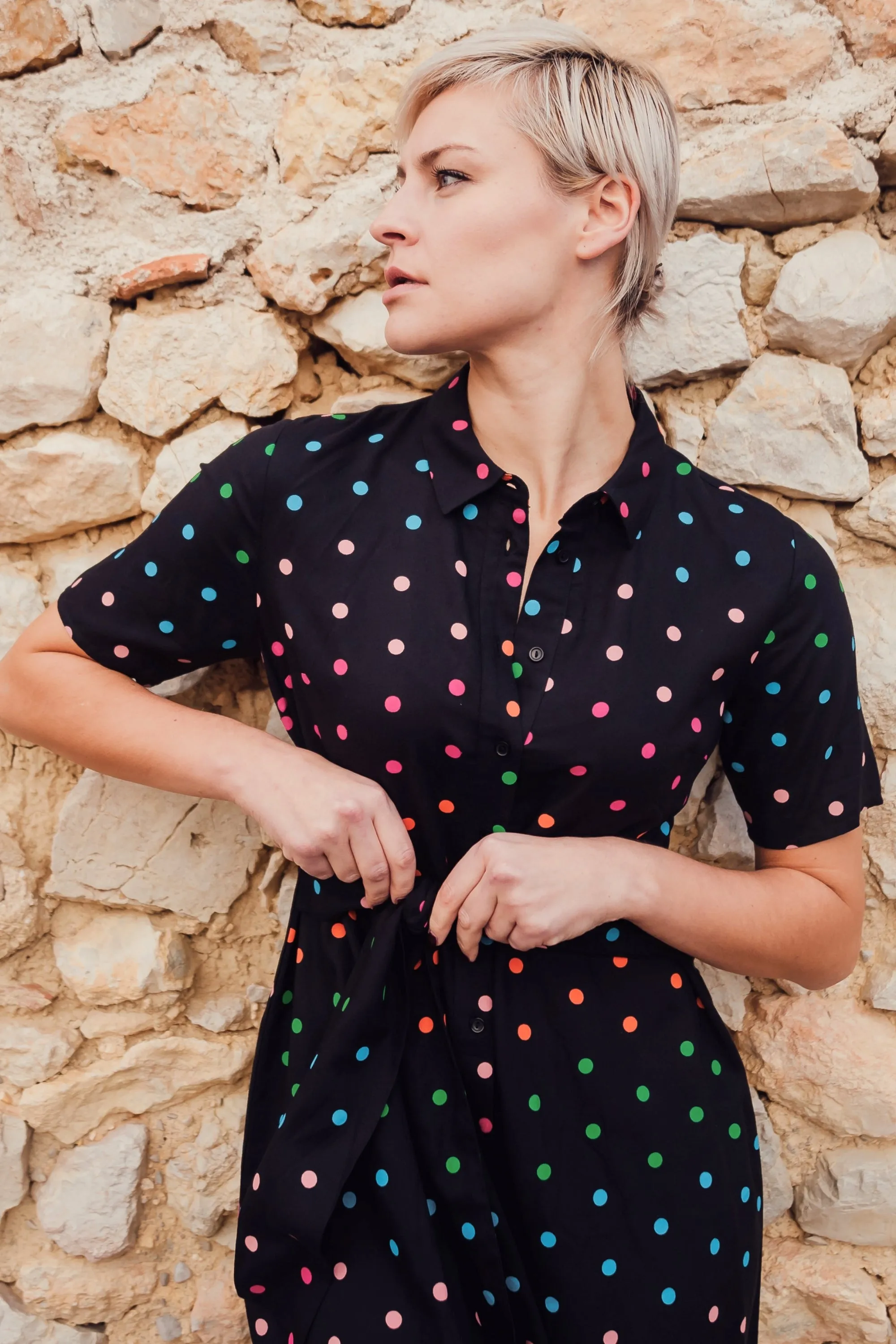 Dessie Mini Shirt Dress - Black. Rainbow Polka