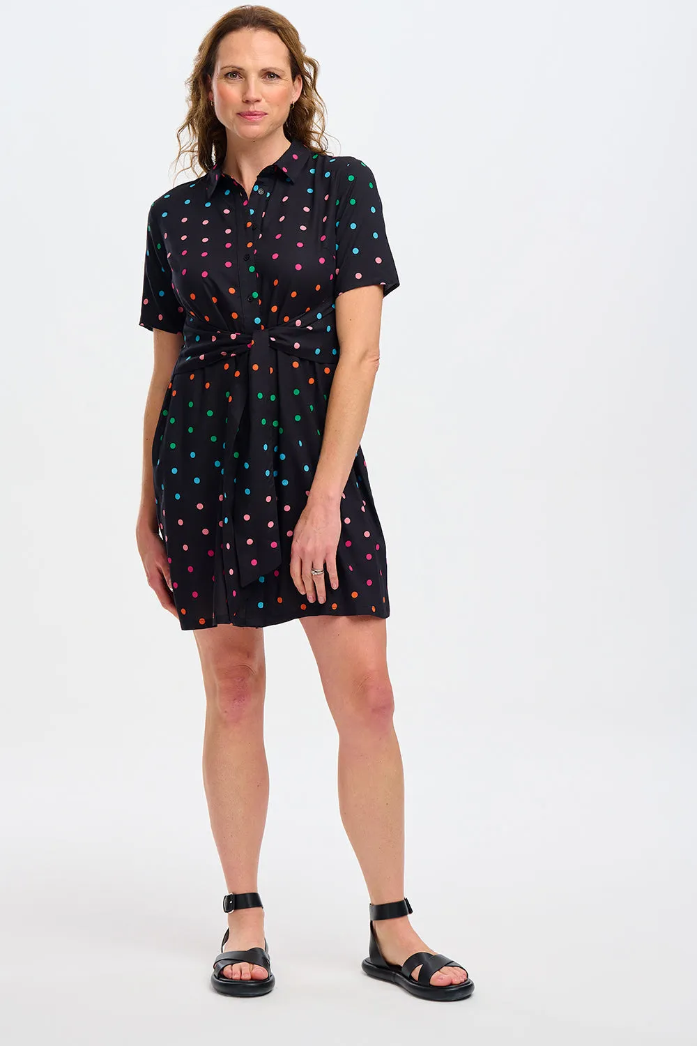 Dessie Mini Shirt Dress - Black. Rainbow Polka