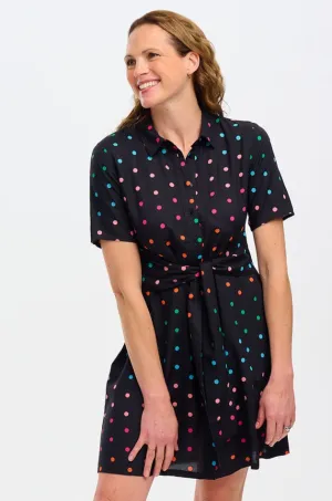 Dessie Mini Shirt Dress - Black. Rainbow Polka