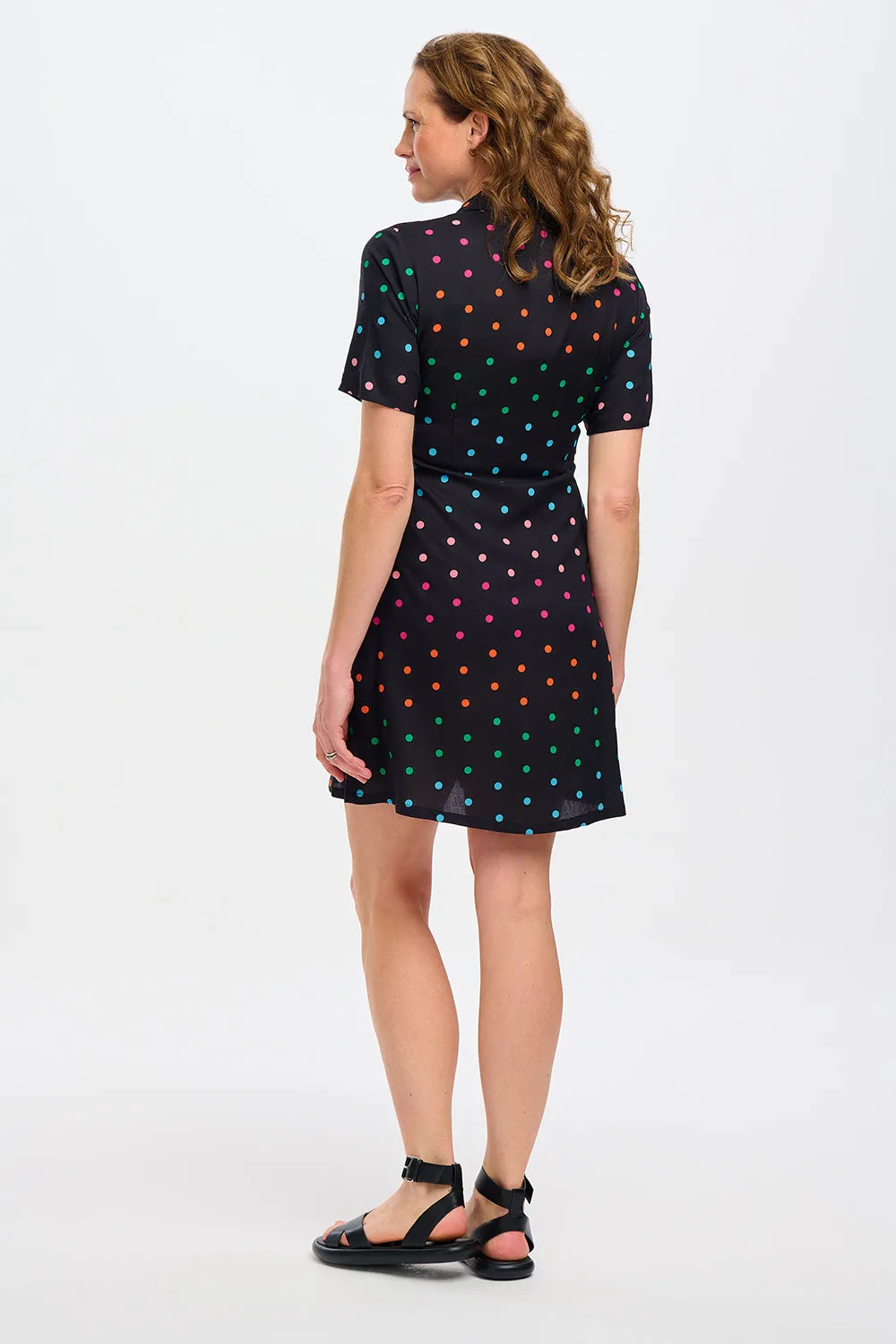 Dessie Mini Shirt Dress - Black. Rainbow Polka