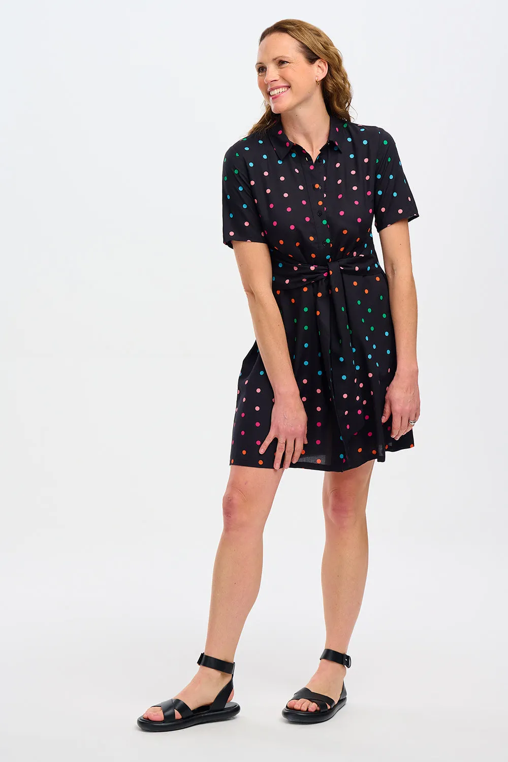 Dessie Mini Shirt Dress - Black. Rainbow Polka