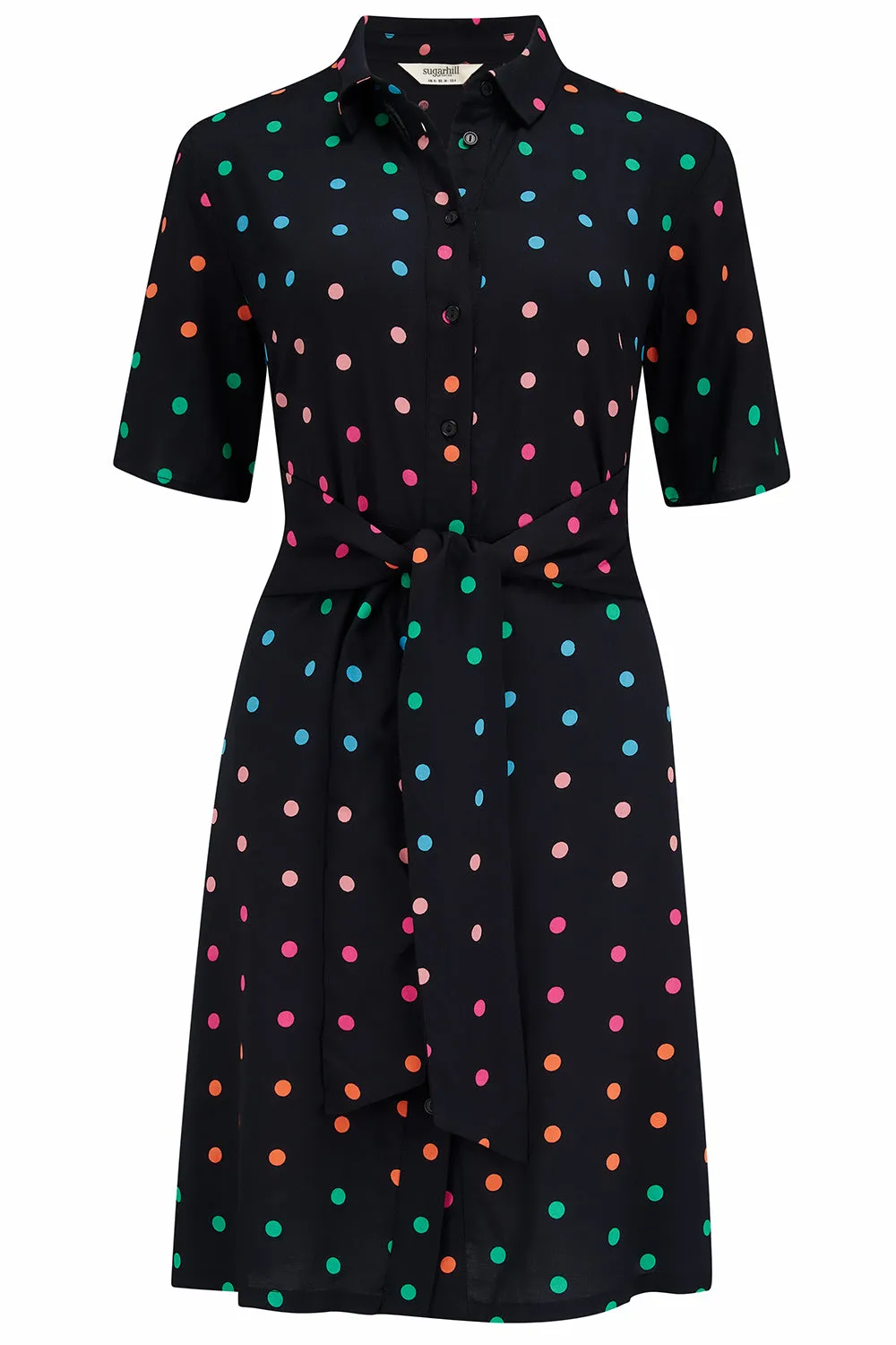 Dessie Mini Shirt Dress - Black. Rainbow Polka
