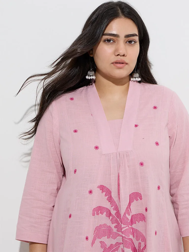 Diza Pink Tropical Embroidered Cotton A-Line Kurta
