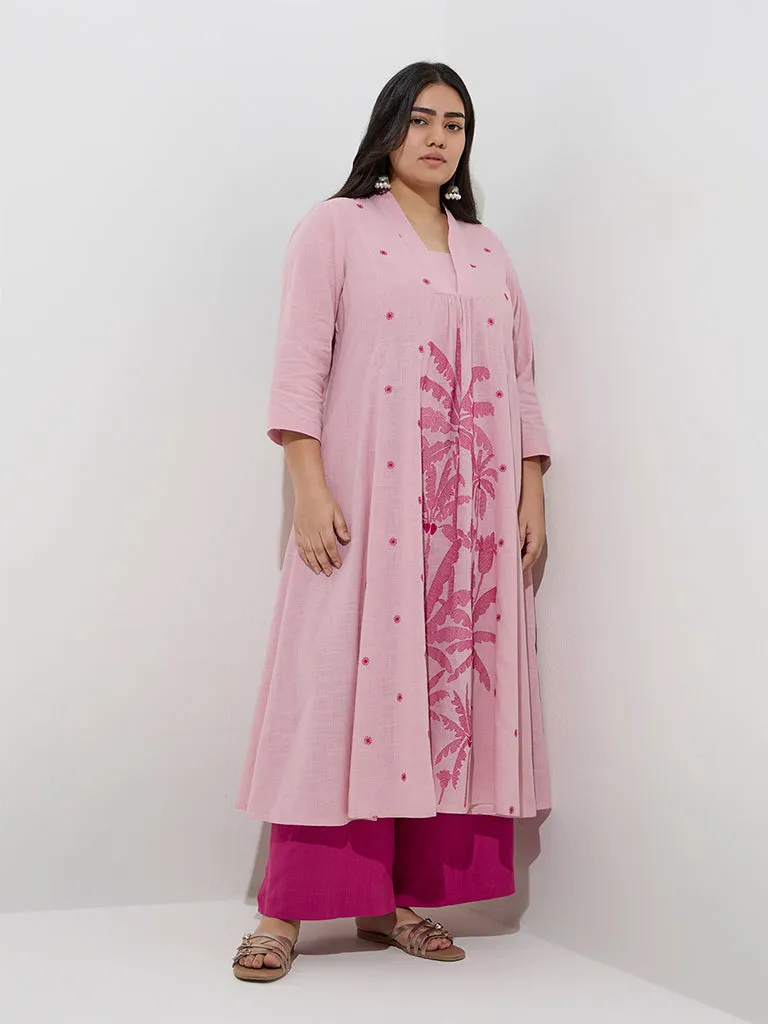 Diza Pink Tropical Embroidered Cotton A-Line Kurta