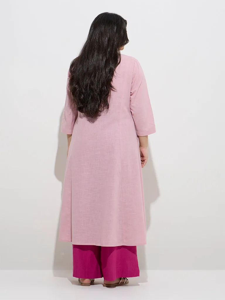 Diza Pink Tropical Embroidered Cotton A-Line Kurta