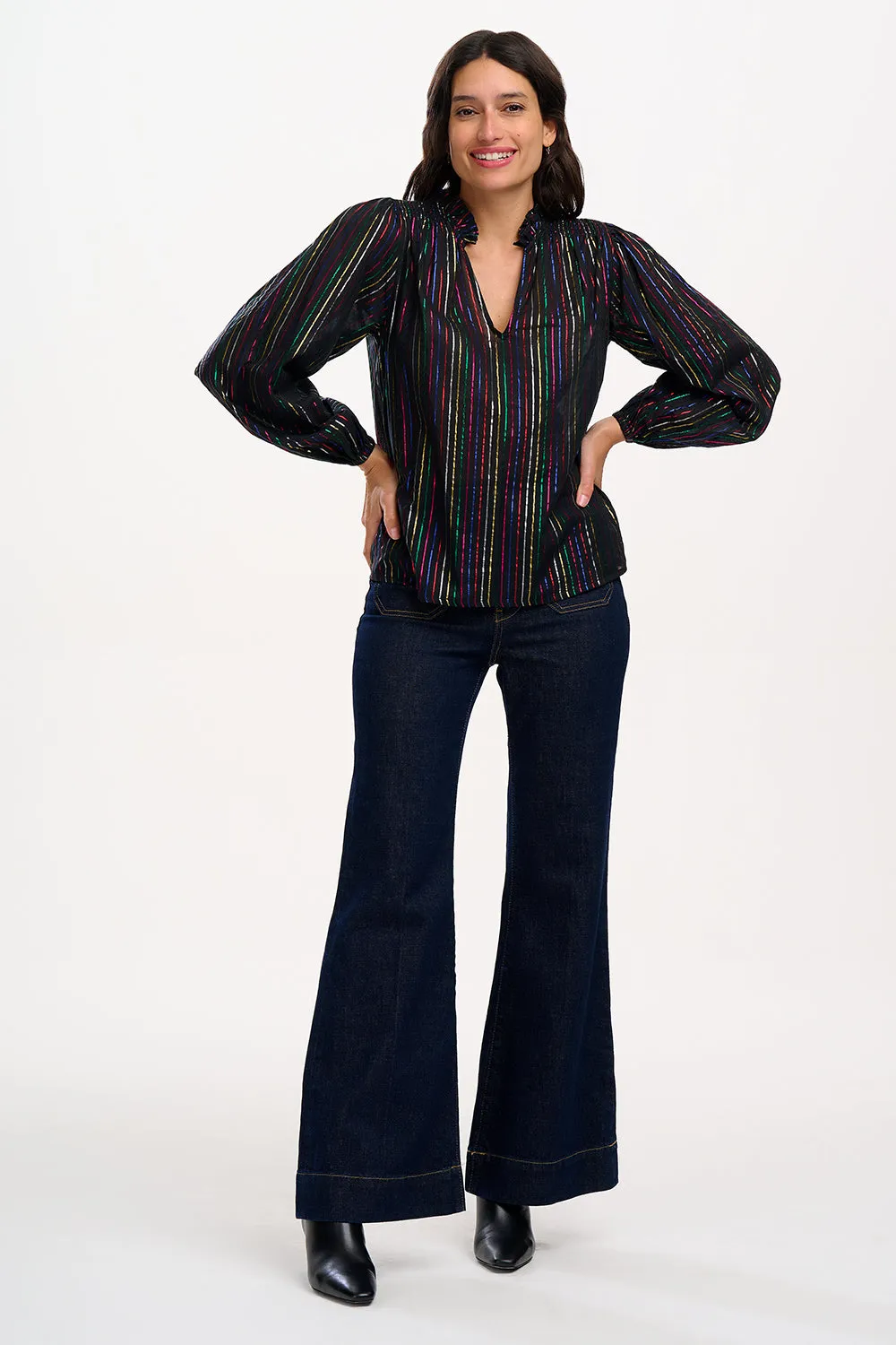 Electra Shirred Top - Black. Metallic Rainbow Stripe