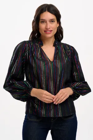 Electra Shirred Top - Black. Metallic Rainbow Stripe