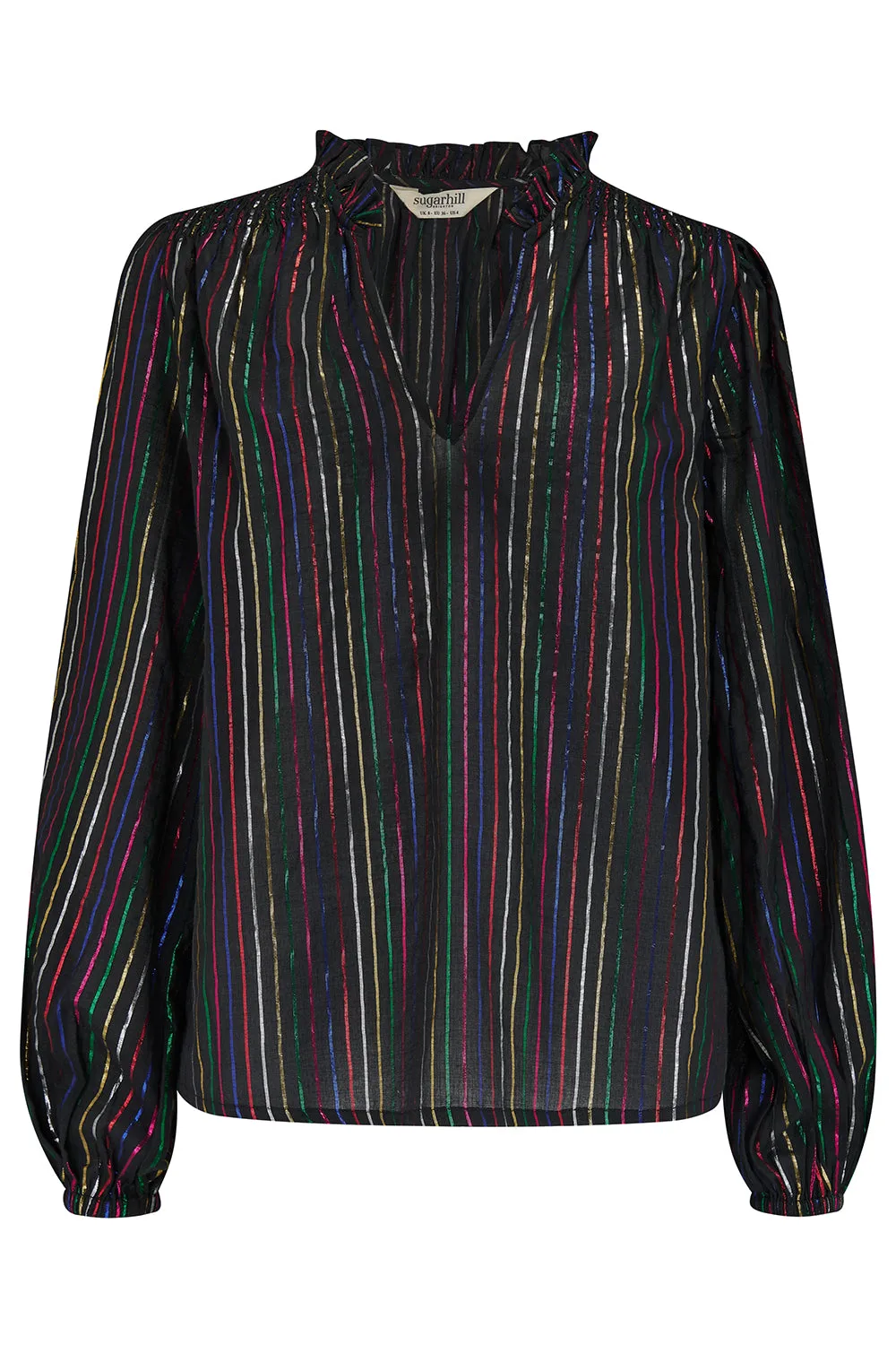 Electra Shirred Top - Black. Metallic Rainbow Stripe
