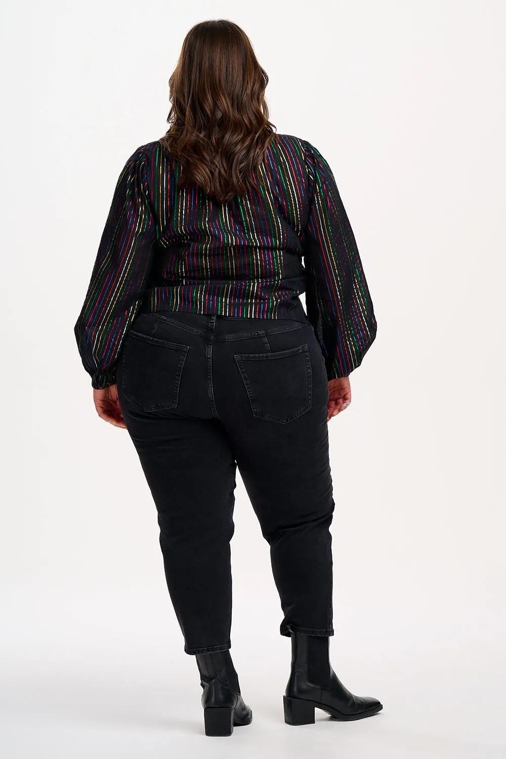 Electra Shirred Top - Black. Metallic Rainbow Stripe