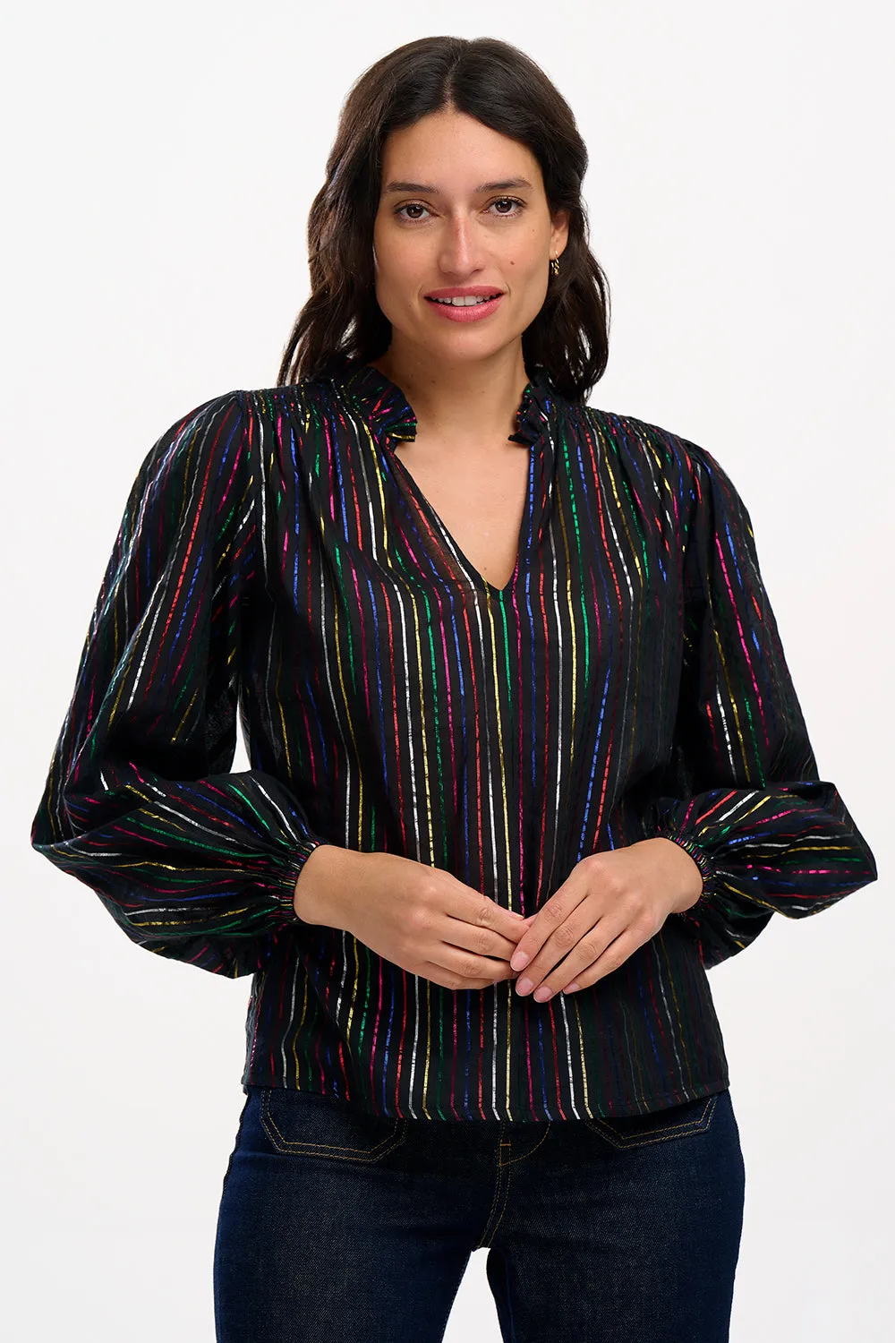 Electra Shirred Top - Black. Metallic Rainbow Stripe