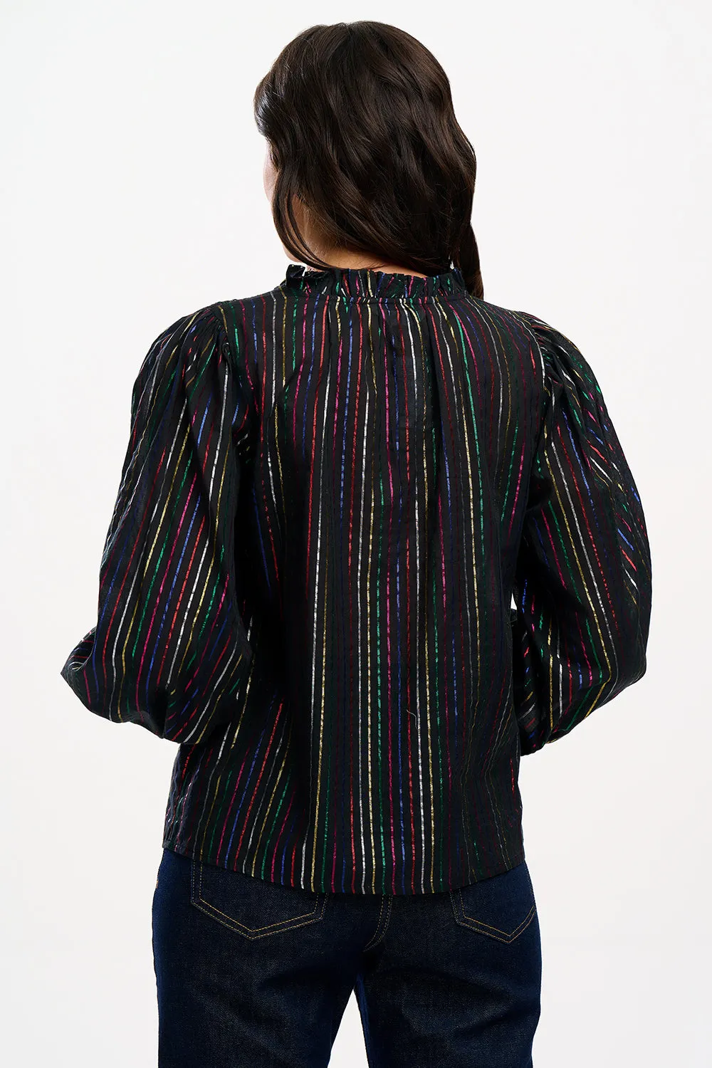 Electra Shirred Top - Black. Metallic Rainbow Stripe