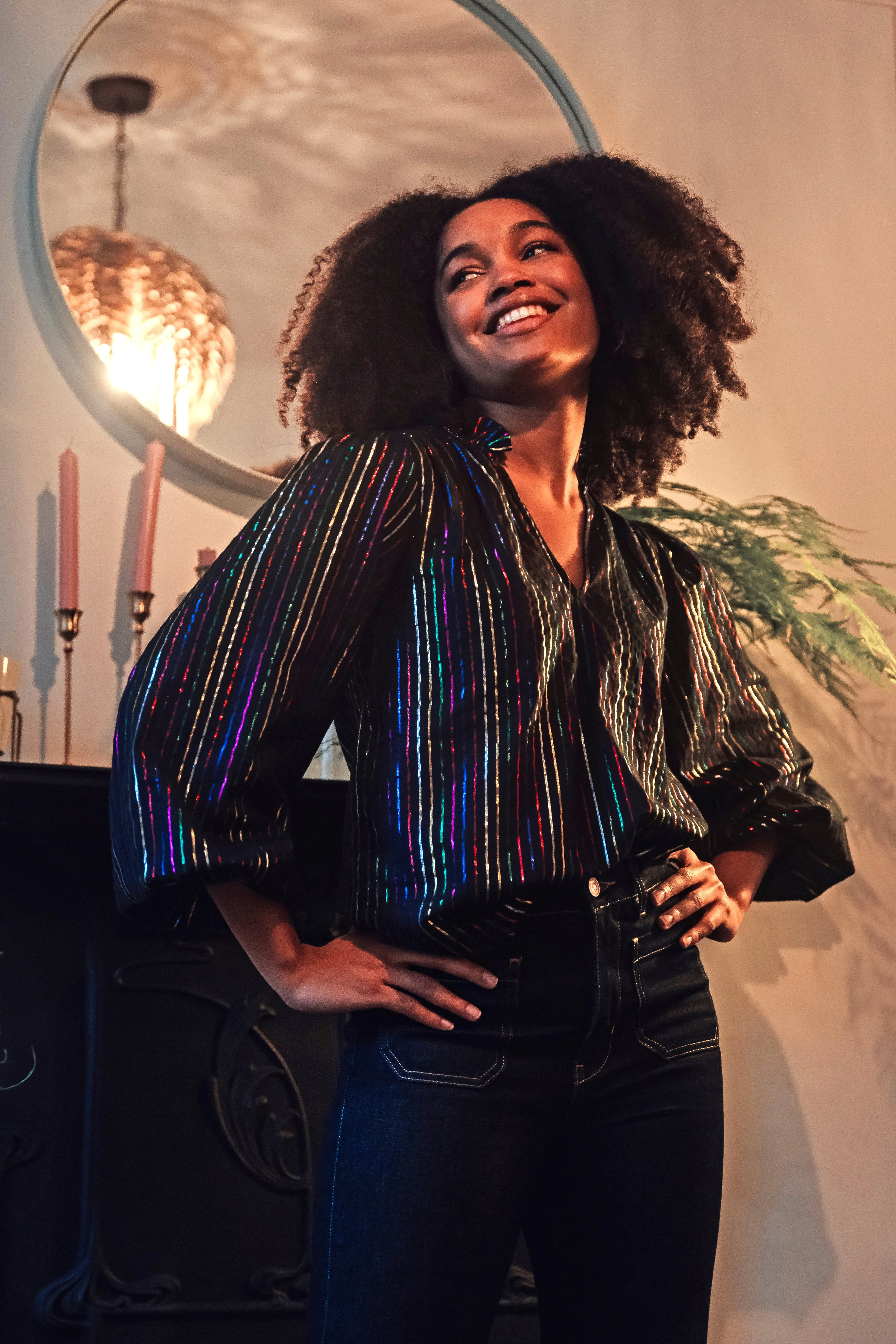 Electra Shirred Top - Black. Metallic Rainbow Stripe