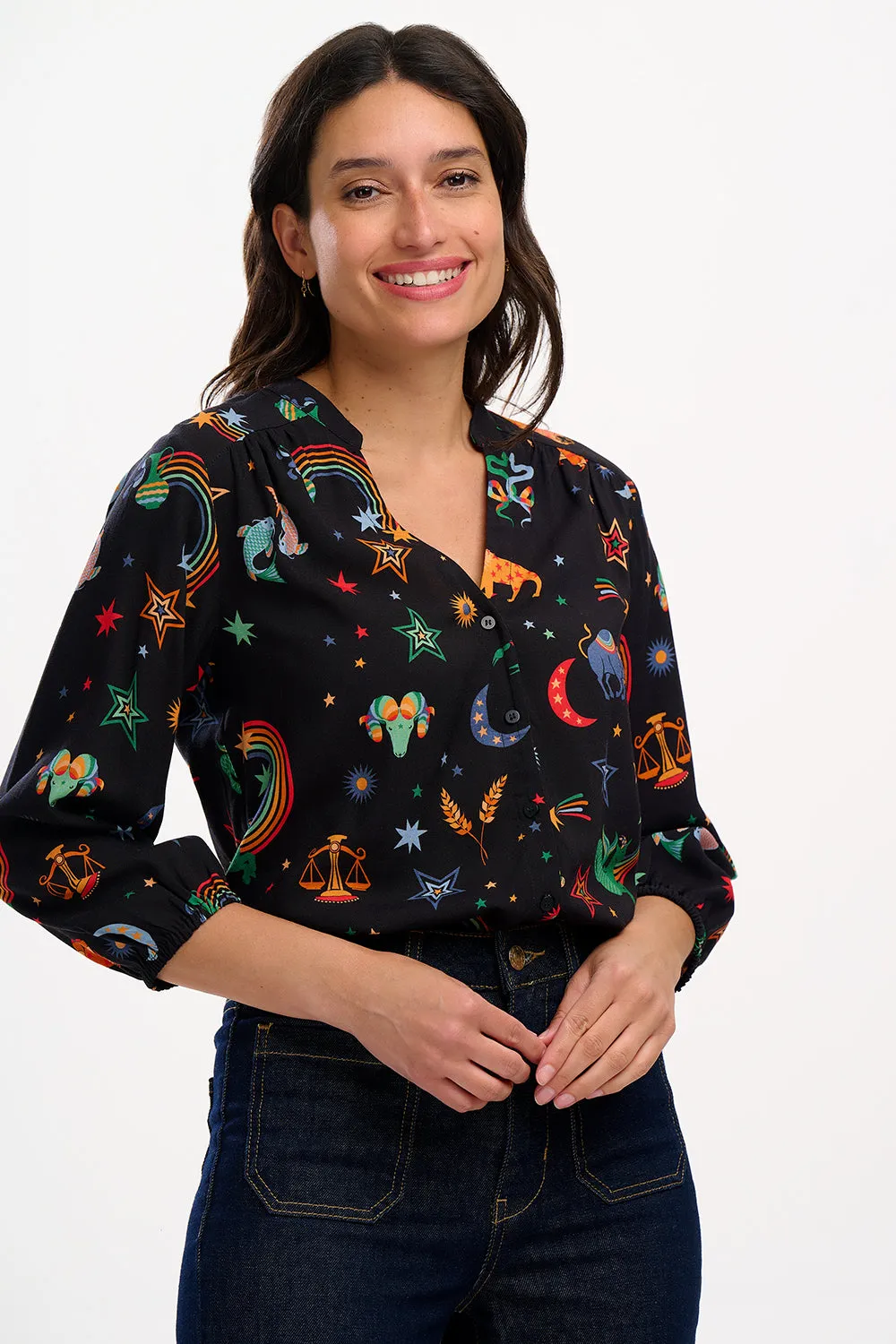 Elkie Blouse - Black. Zodiac Rainbow Skies
