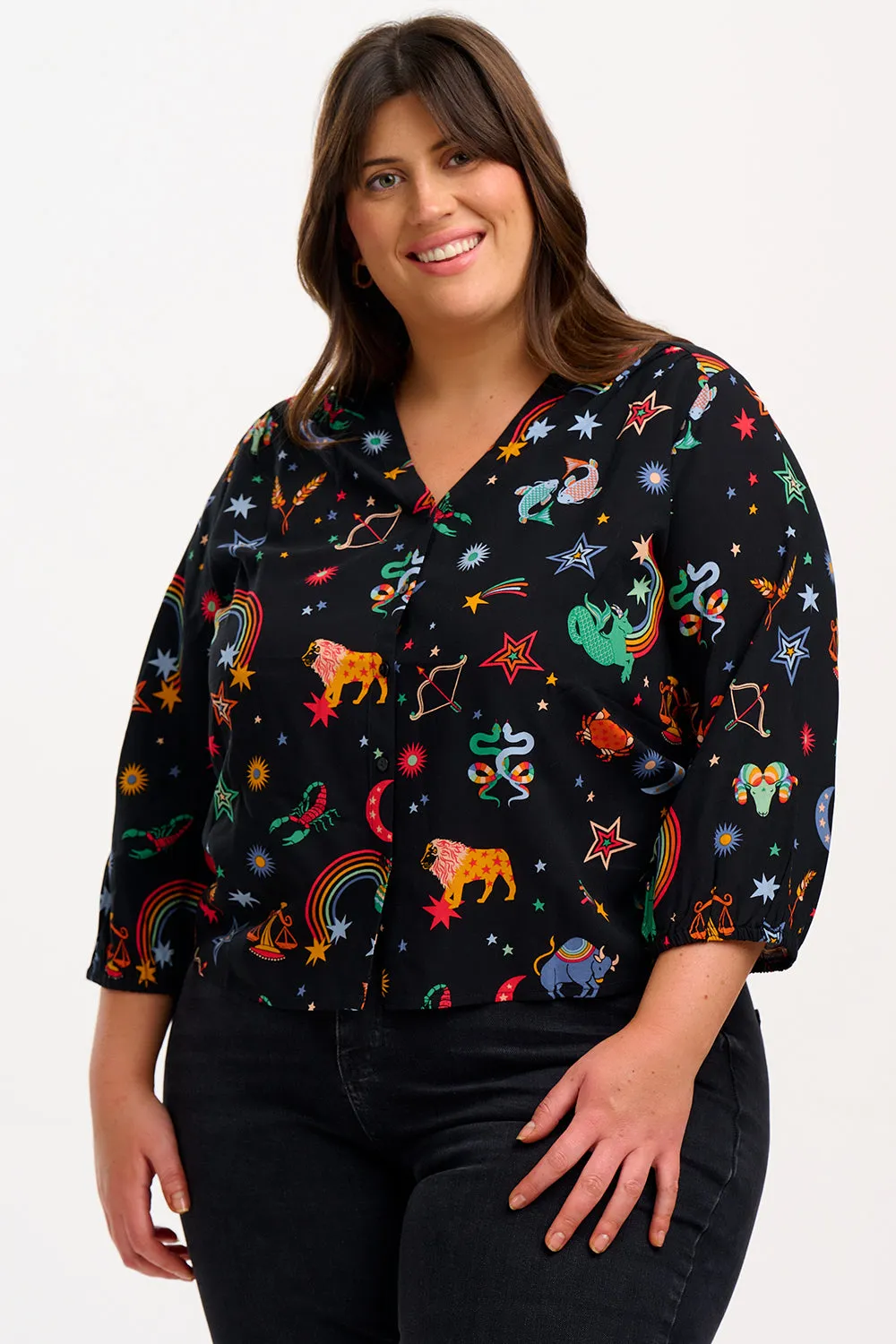 Elkie Blouse - Black. Zodiac Rainbow Skies