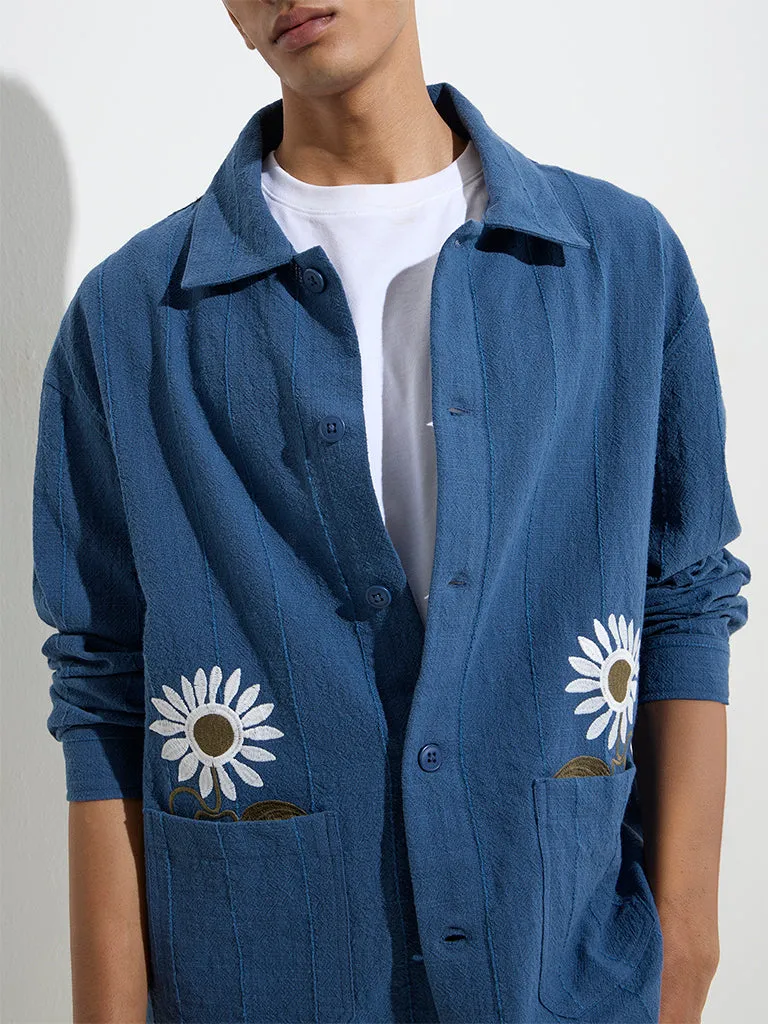 ETA Indigo Floral Embroidered Relaxed-Fit Cotton Shirt