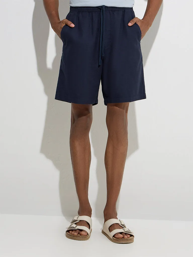 ETA Navy Solid Relaxed-Fit Mid-Rise Cotton-Blend Shorts