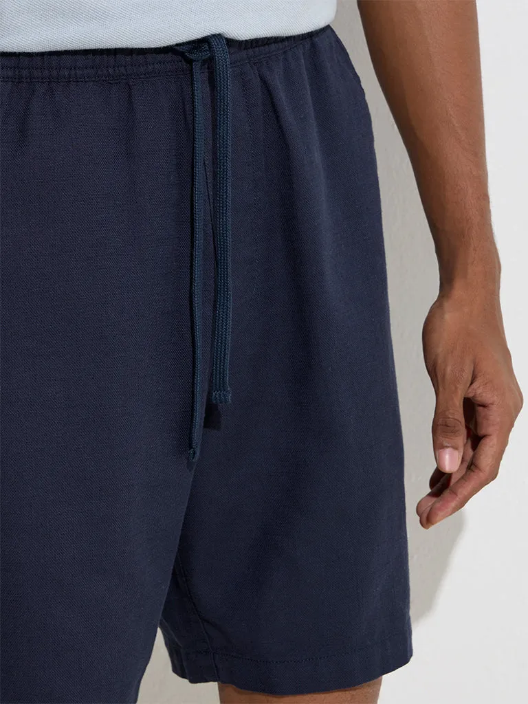 ETA Navy Solid Relaxed-Fit Mid-Rise Cotton-Blend Shorts