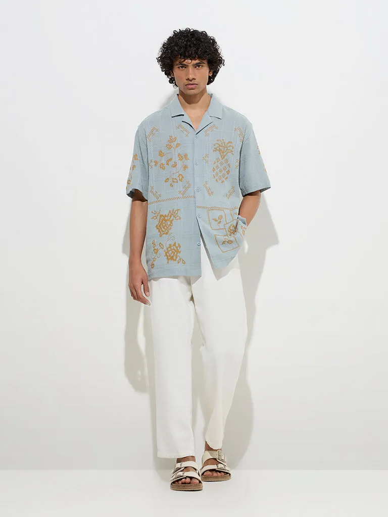 ETA Teal Embroidered Relaxed-Fit Cotton-Blend Shirt
