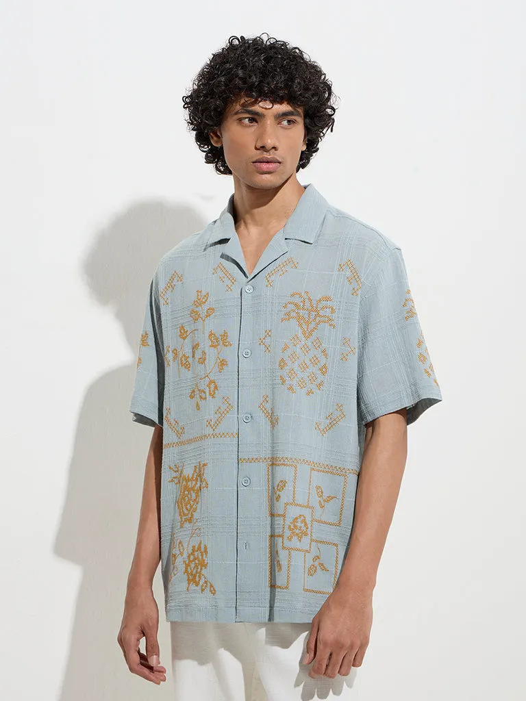 ETA Teal Embroidered Relaxed-Fit Cotton-Blend Shirt