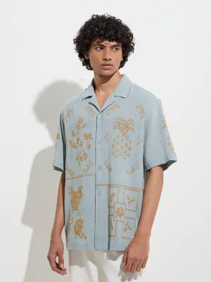 ETA Teal Embroidered Relaxed-Fit Cotton-Blend Shirt