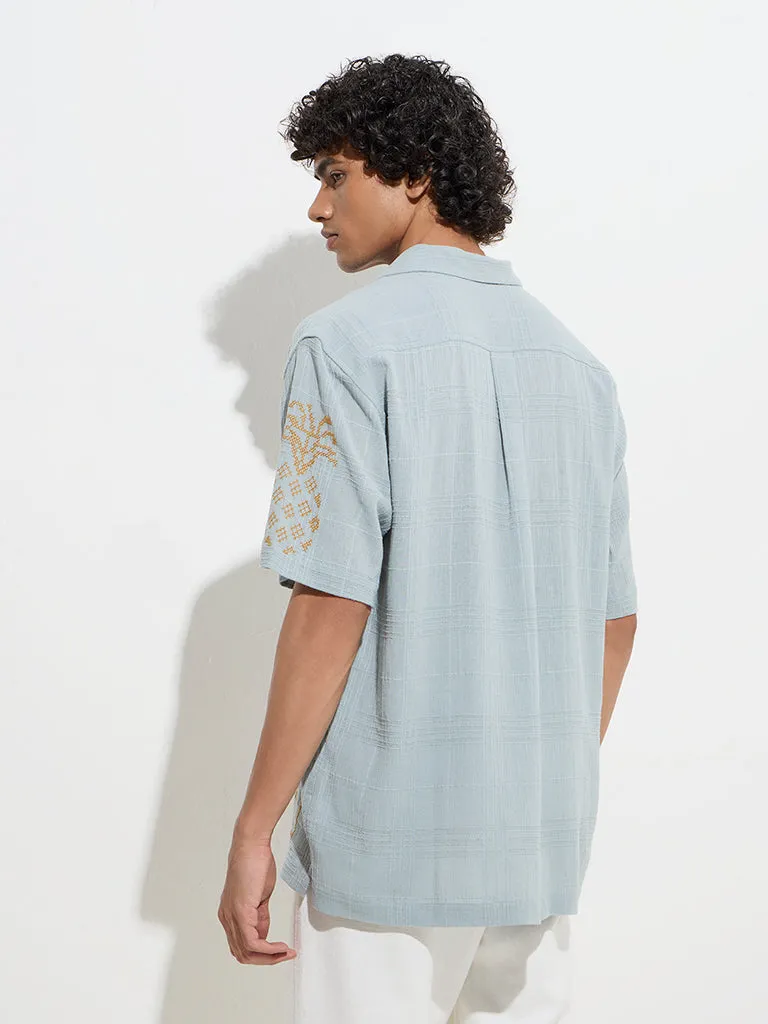 ETA Teal Embroidered Relaxed-Fit Cotton-Blend Shirt