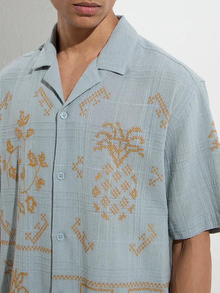 ETA Teal Embroidered Relaxed-Fit Cotton-Blend Shirt