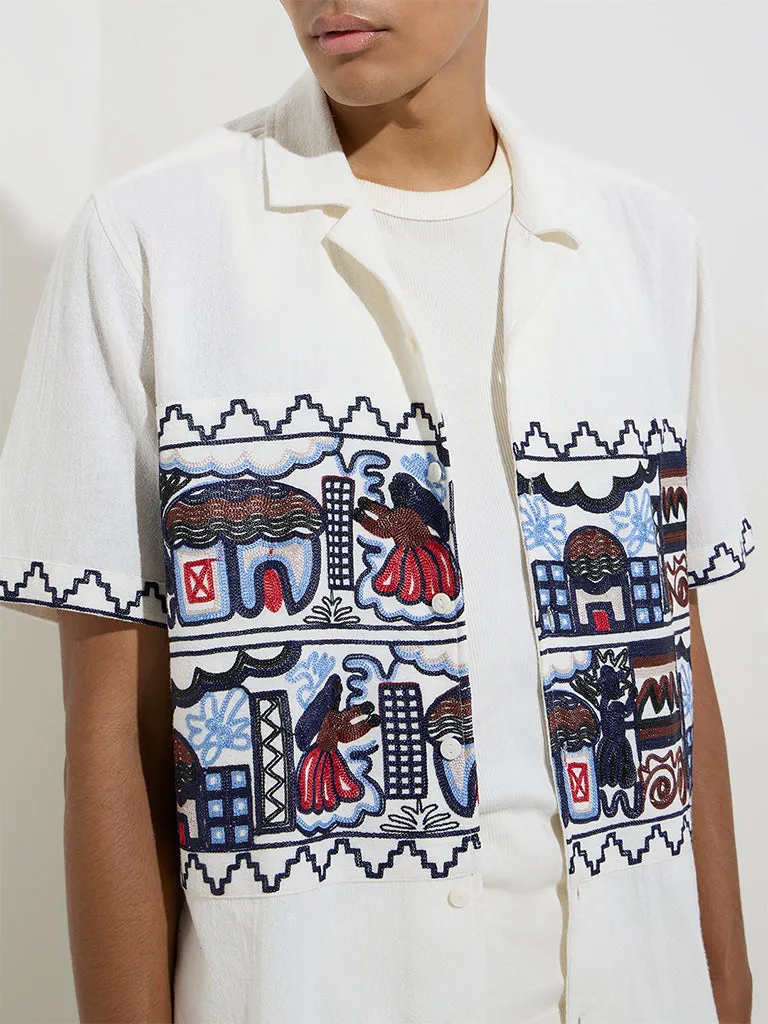 ETA White Embroidered Relaxed-Fit Cotton Shirt