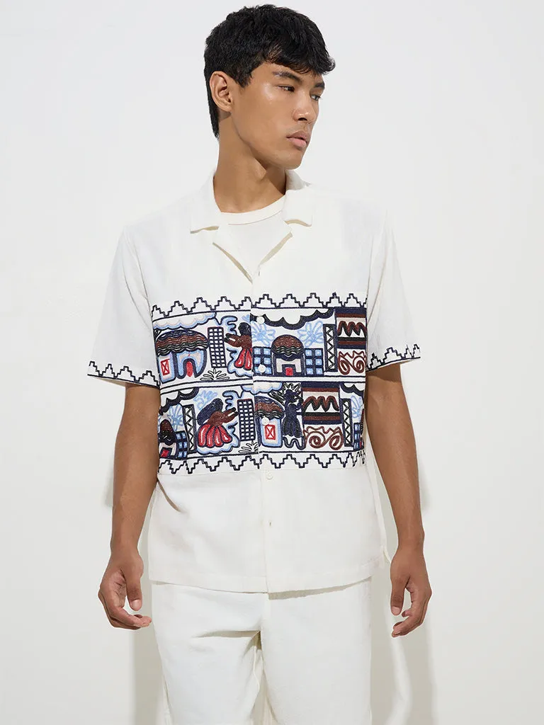 ETA White Embroidered Relaxed-Fit Cotton Shirt
