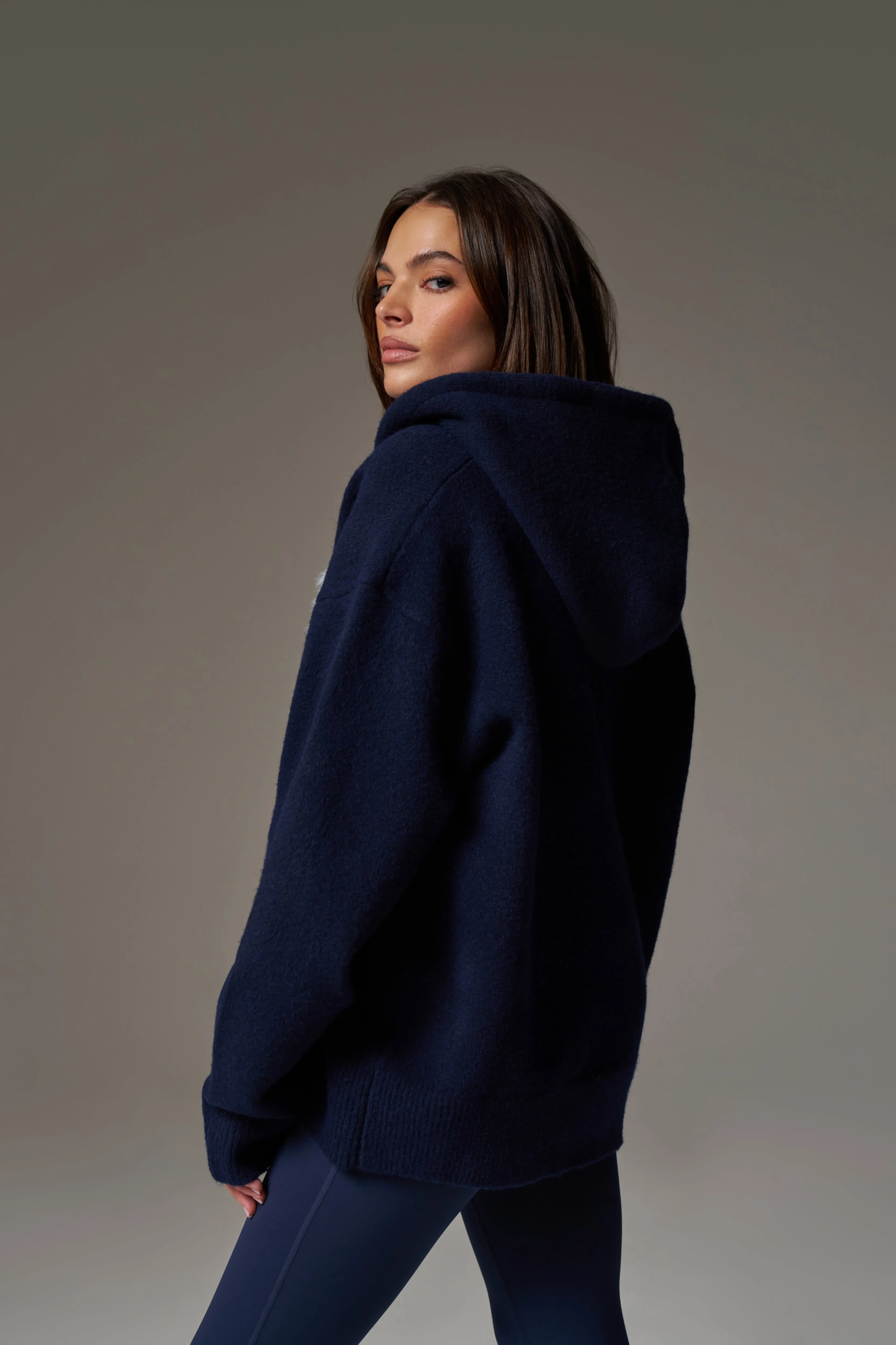FLUFFY EMBLEM ZIP THROUGH KNITTED HOODIE - NAVY