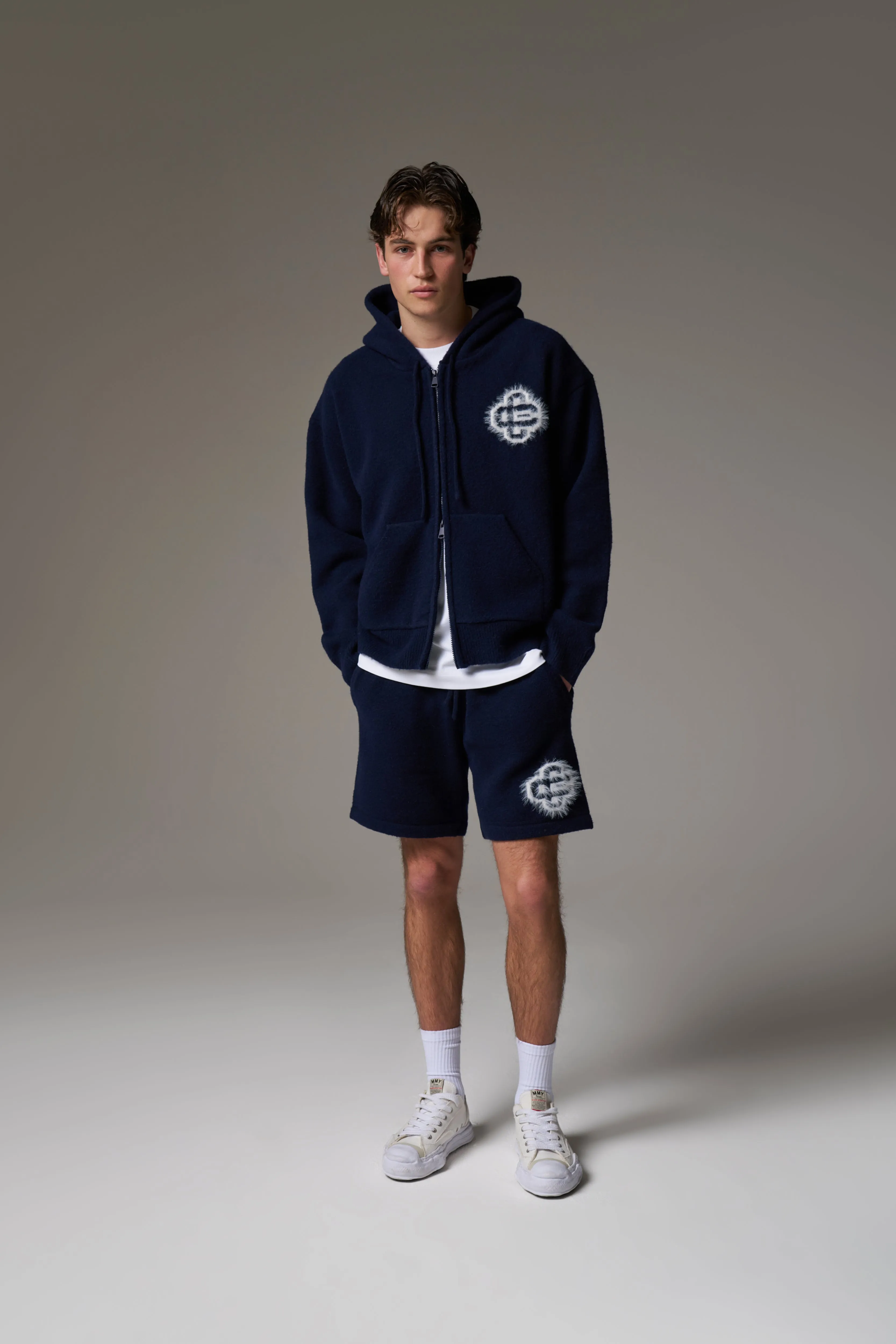 FLUFFY EMBLEM ZIP THROUGH KNITTED HOODIE - NAVY