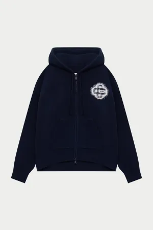 FLUFFY EMBLEM ZIP THROUGH KNITTED HOODIE - NAVY