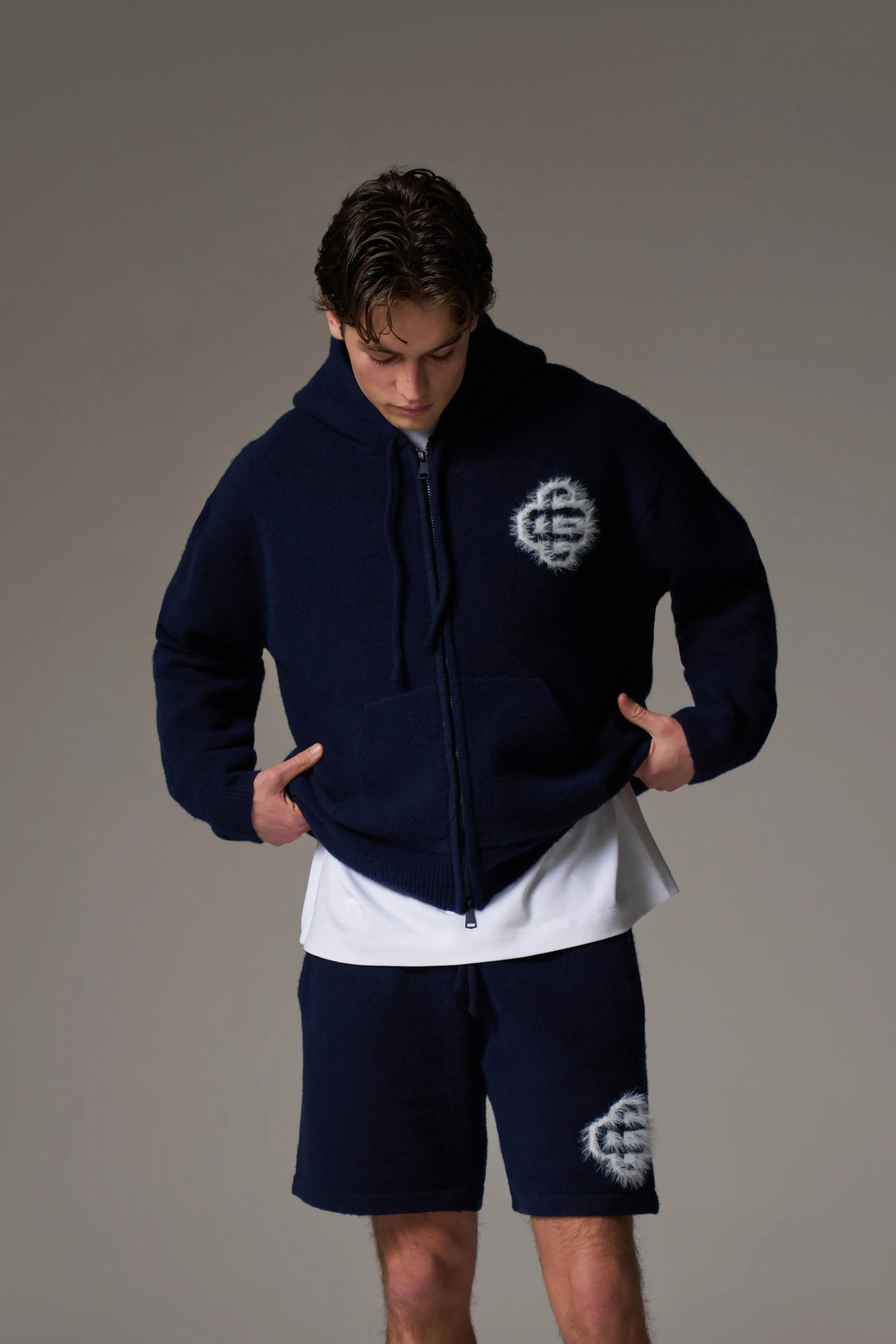 FLUFFY EMBLEM ZIP THROUGH KNITTED HOODIE - NAVY