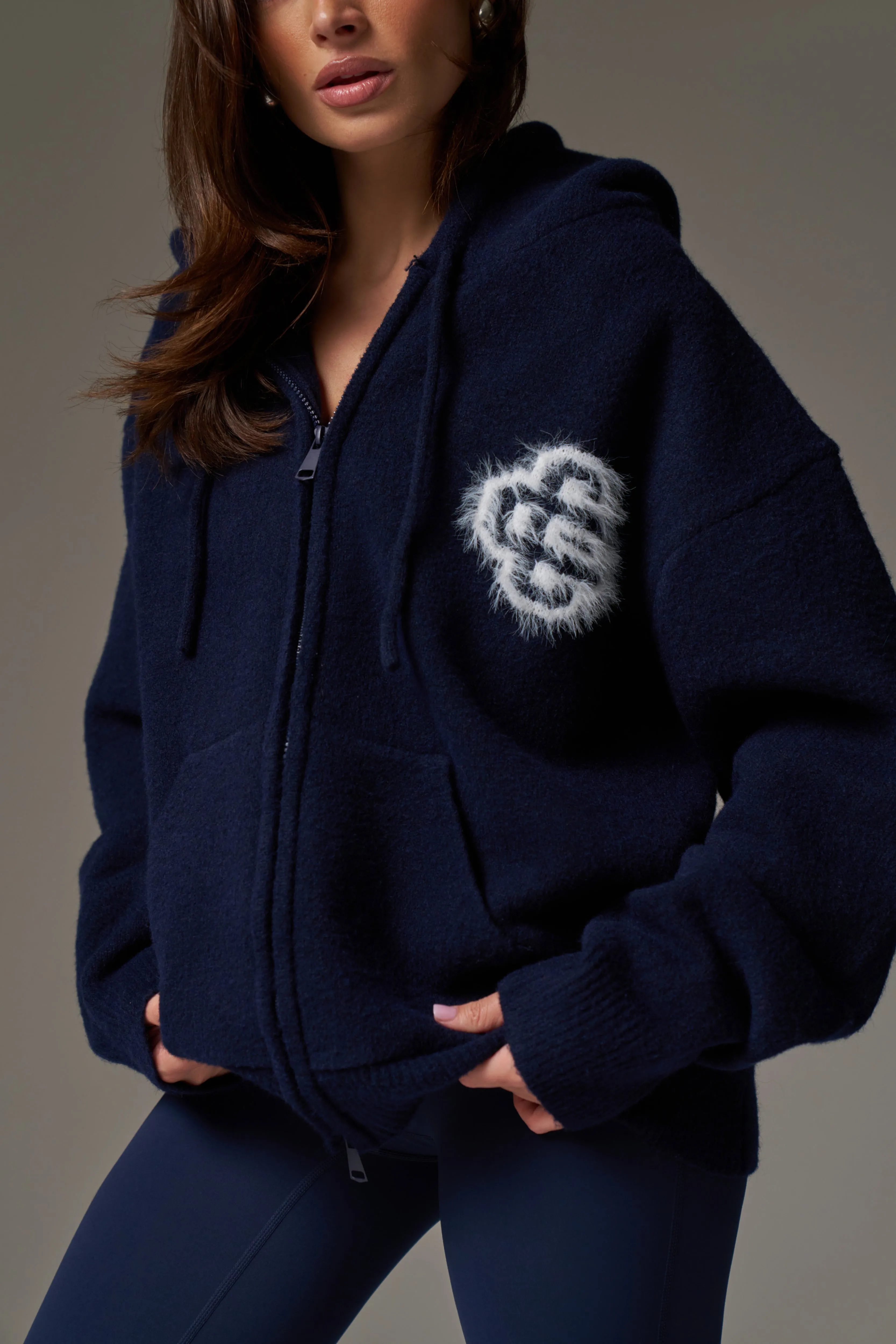 FLUFFY EMBLEM ZIP THROUGH KNITTED HOODIE - NAVY