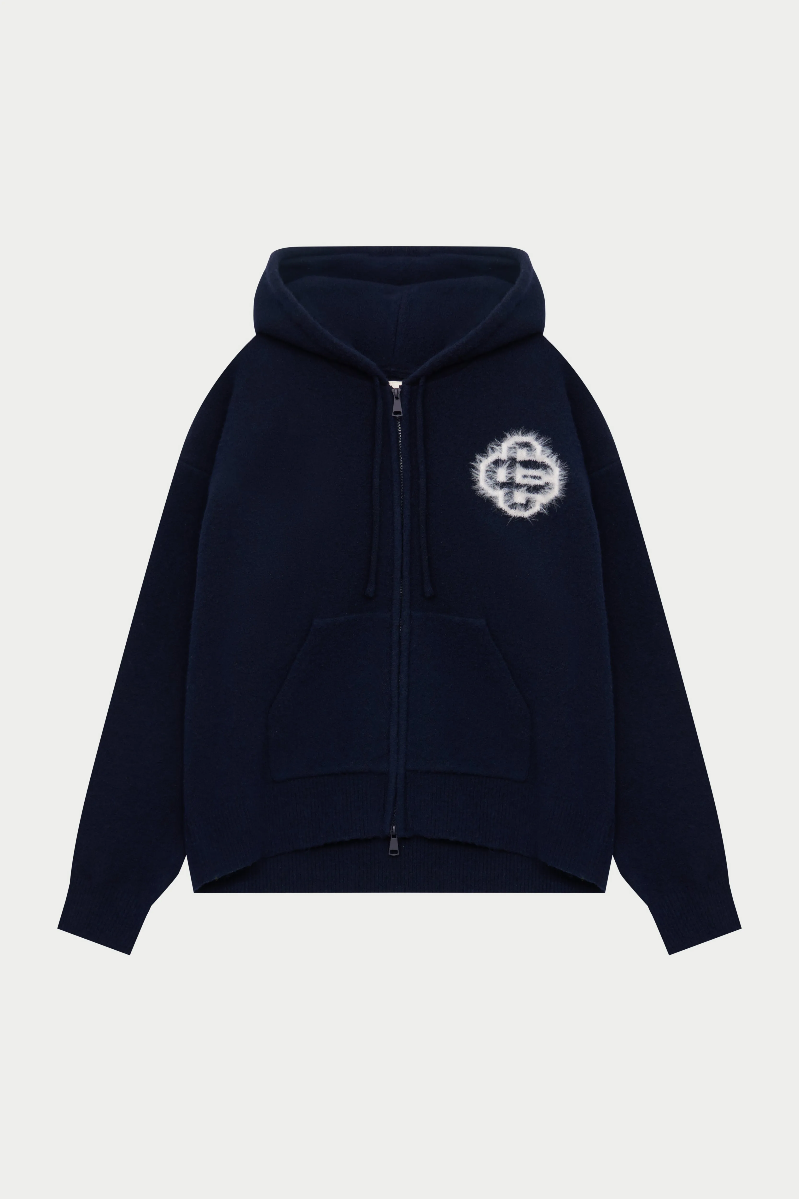 FLUFFY EMBLEM ZIP THROUGH KNITTED HOODIE - NAVY