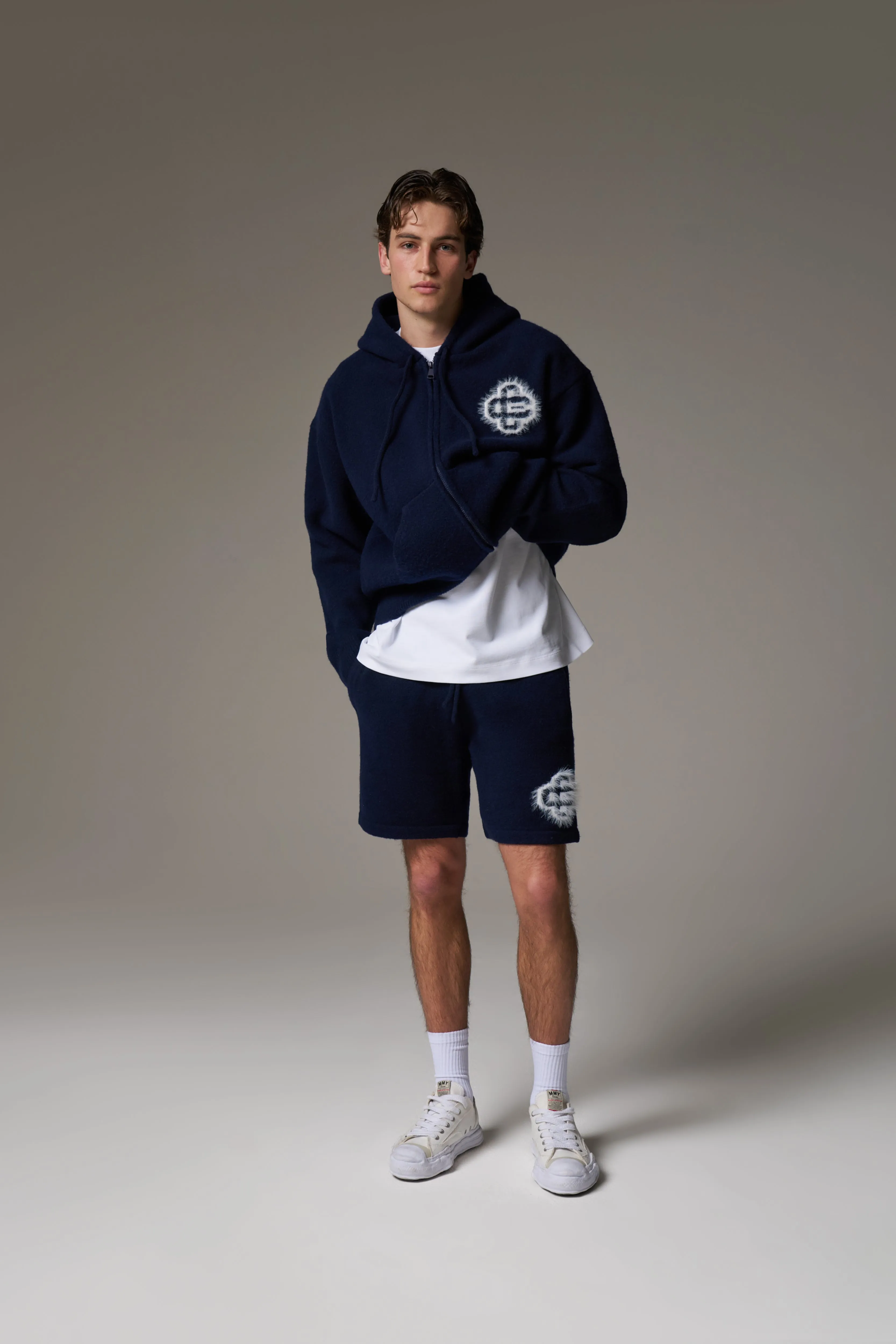 FLUFFY EMBLEM ZIP THROUGH KNITTED HOODIE - NAVY