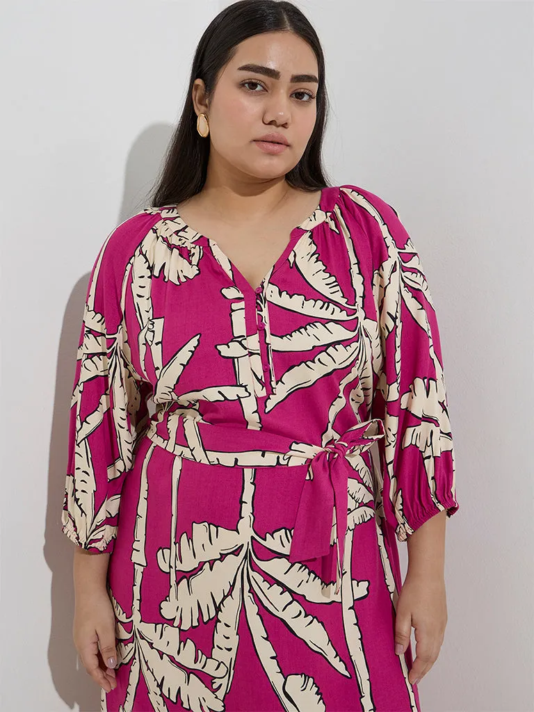 Gia Fuchsia Tropical-Inspired A-Line Dress with Belt