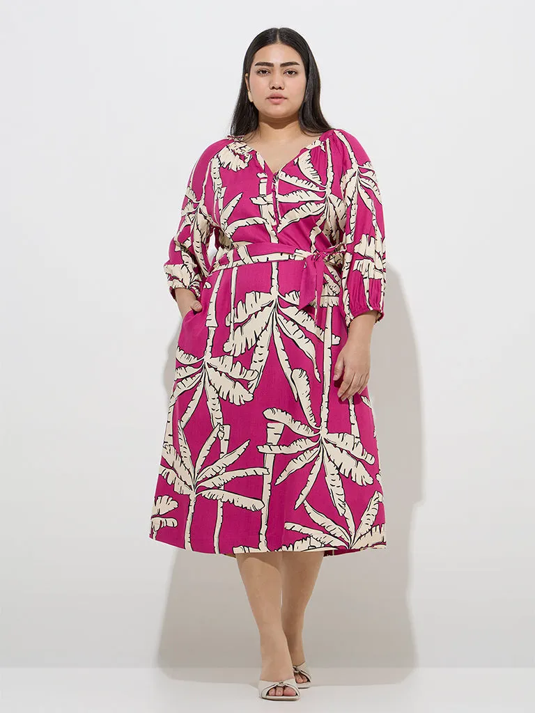 Gia Fuchsia Tropical-Inspired A-Line Dress with Belt